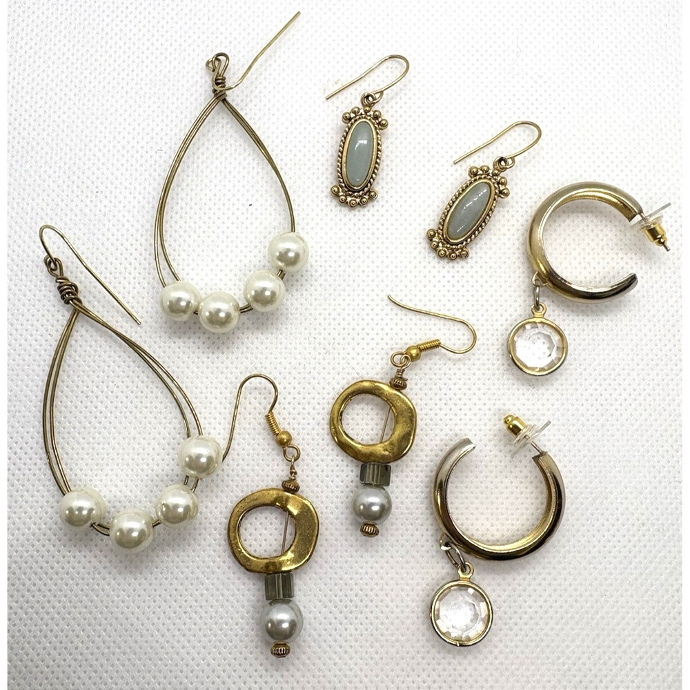 Lot of 4 Pairs Vintage Style Earrings Faux Pearl Dangles Gold Tone Hoops Drop